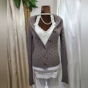 ♡ Y2K ♡ Abercrombie Brown Wool & Rabbit Hair Cableknit Hooded Cardigan Sweater